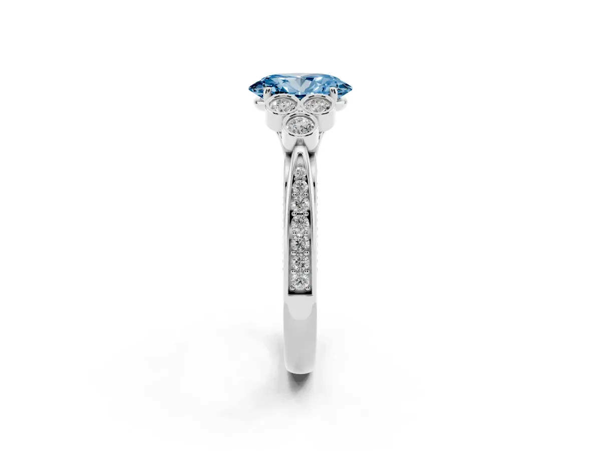 Fancy Blue Oval Cut Cut Diamond Engagement Ring with Bezel Set Round Side Stones and Prong Setting Silver