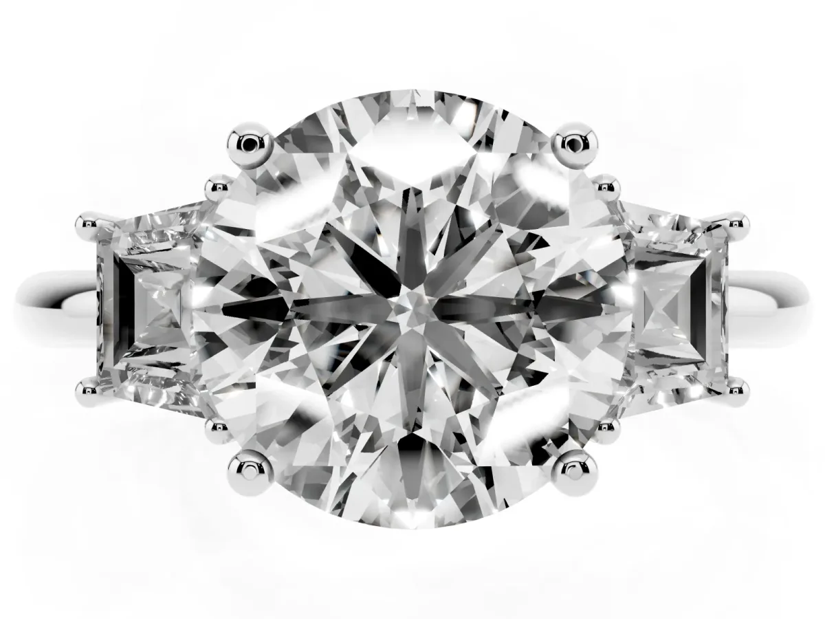 Round Cut Diamond Three-Stone Ring with Trapezoid Side Stones and Prong Setting Platinum