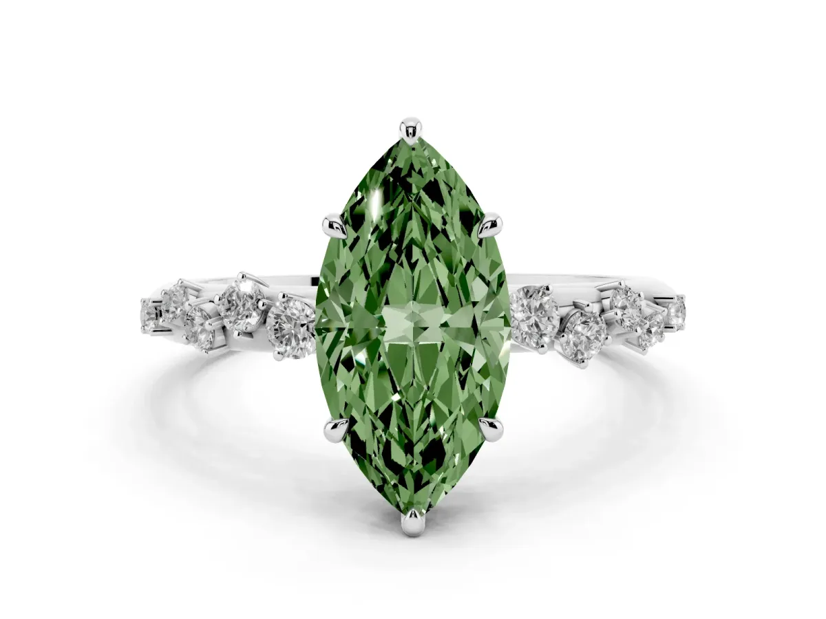 Fancy Green Marquise Cut Diamond Cluster Prong-Set Solitaire Ring White gold