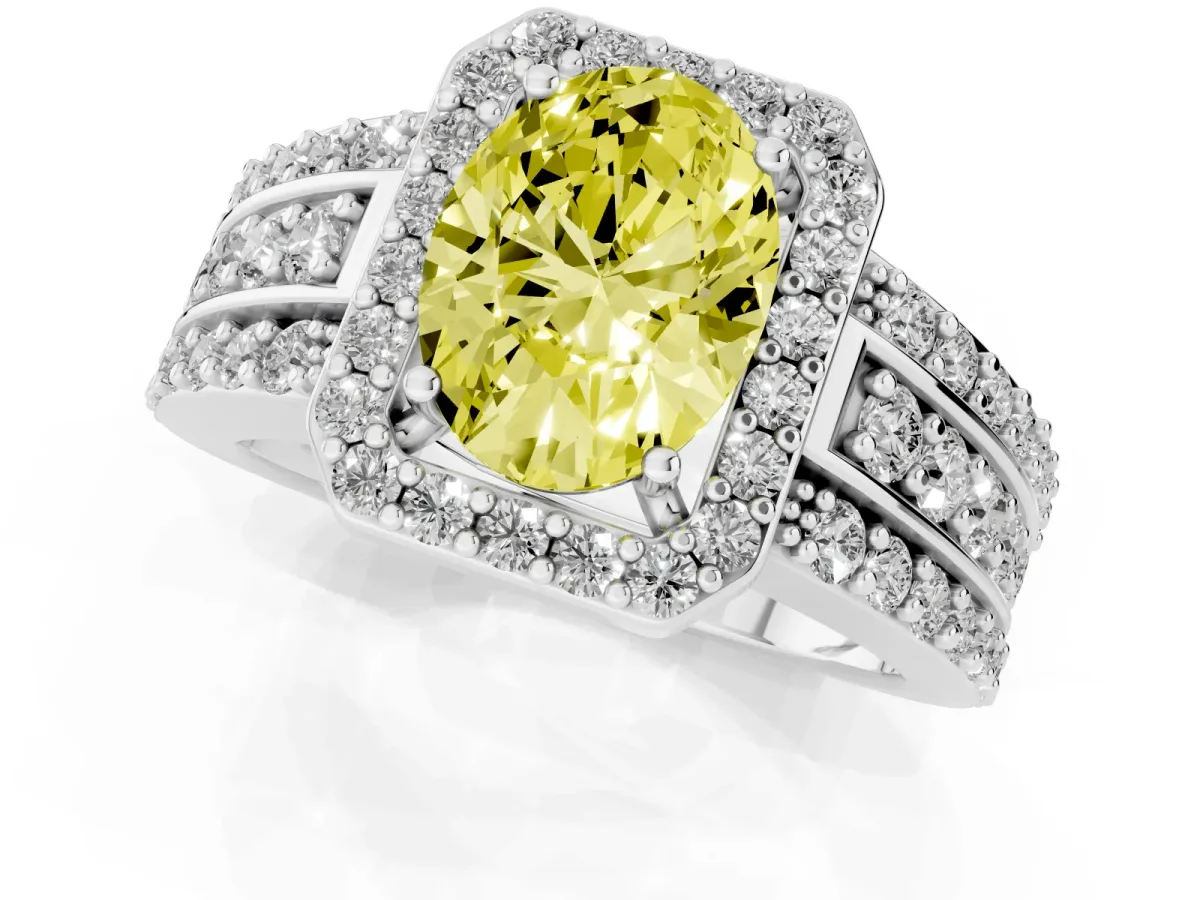 Fancy Yellow Oval Cut Halo Diamond Ring with Round Split Shank and Prong Setting Silver