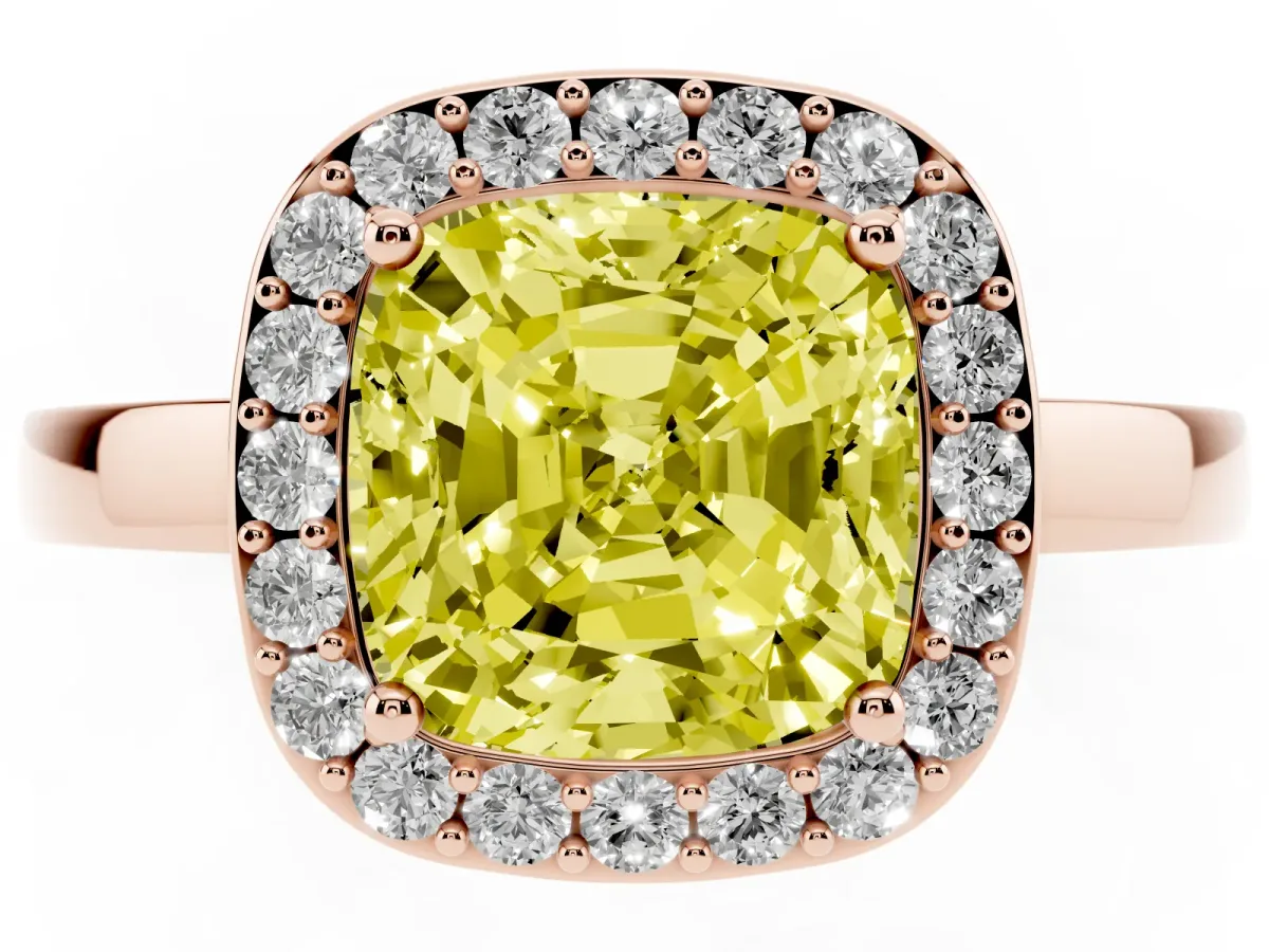 Fancy Yellow Cushion Cut Halo Diamond Ring with Solitaire Band and Prong Setting Rose gold