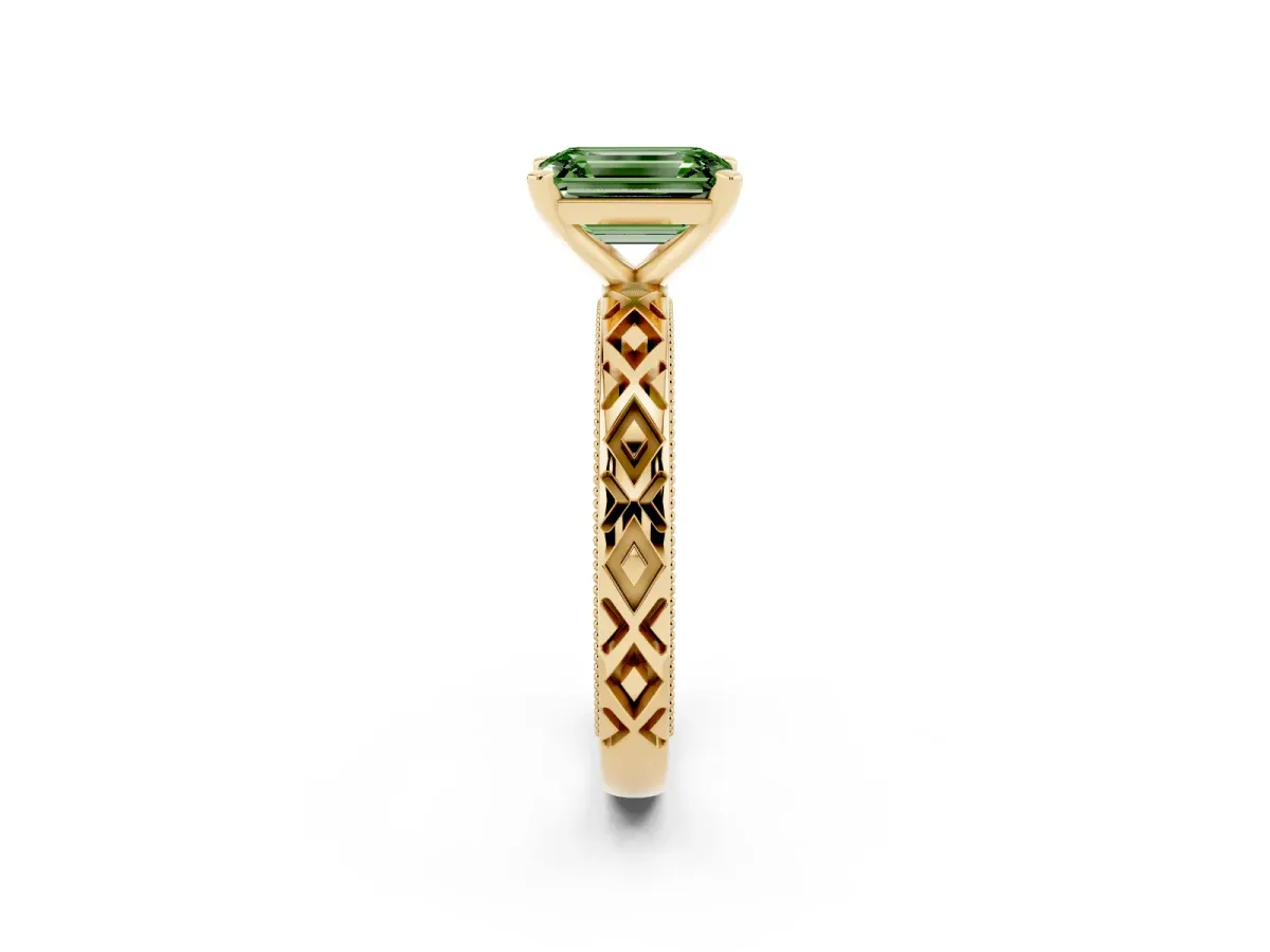 Fancy Green Emerald Cut Solitaire Diamond Ring with Milgrain and Black Enamel X Pattern Band Yellow gold