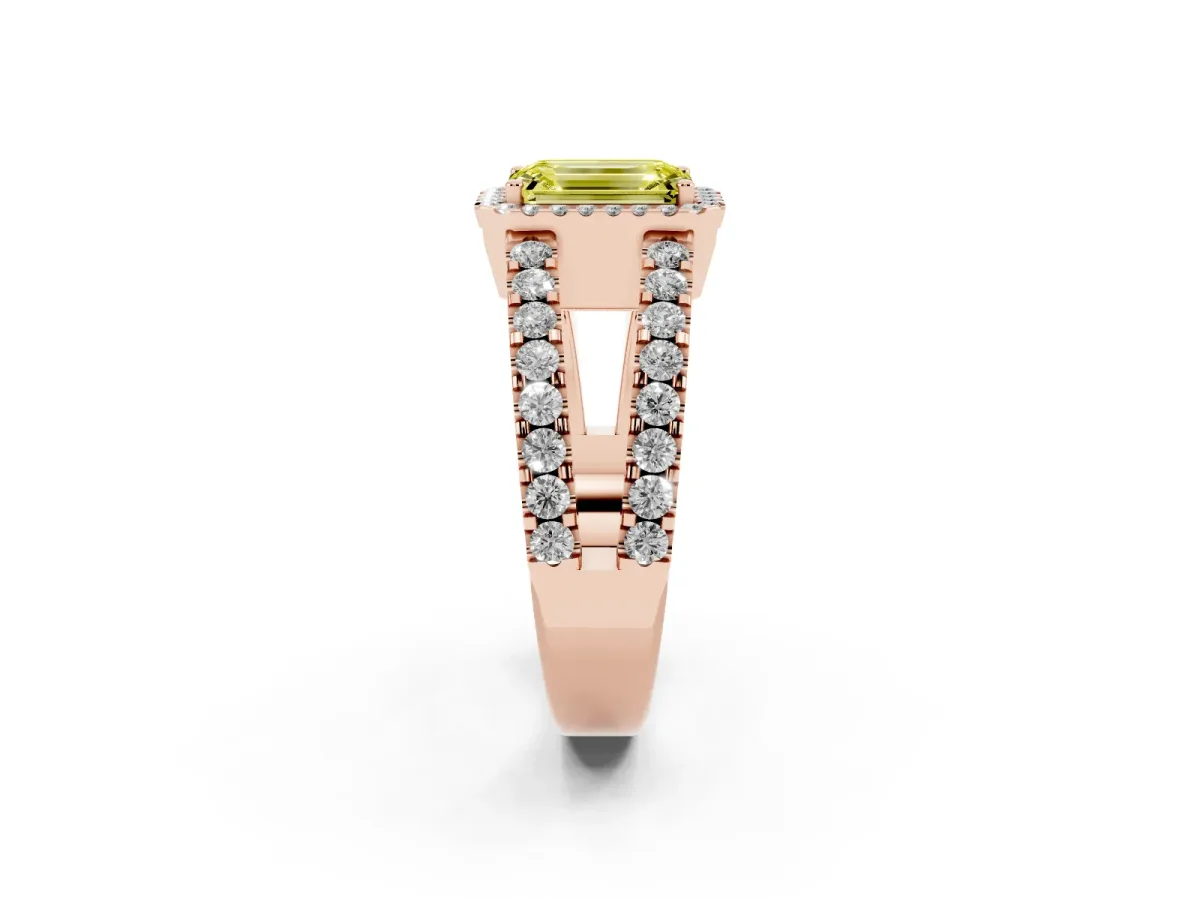 Fancy Yellow Emerald Cut Cut Halo Split Shank Diamond Ring with Four-Prong Setting Rose gold