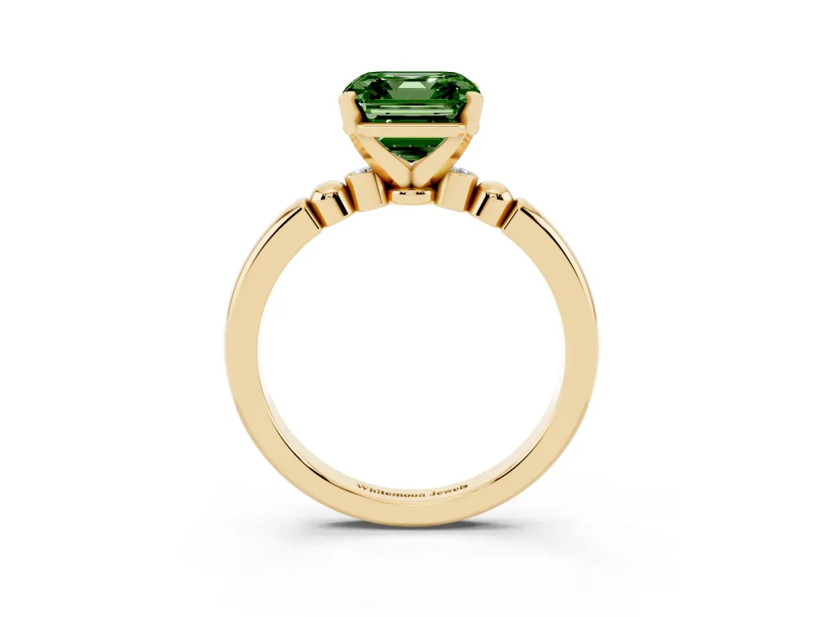 Fancy Green Asscher Cut Solitaire Beaded Band with Four-Prong Setting Yellow gold
