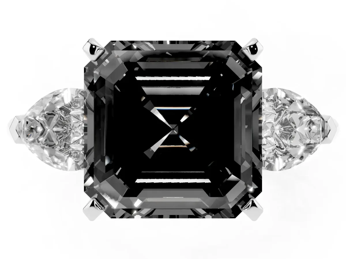 Fancy Black Three-Stone Asscher Cut Diamond Ring with Pear Side Stones and Four-Prong Setting Silver