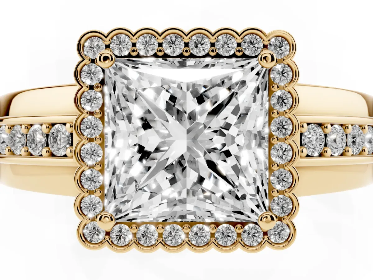 Princess Cut Cut Halo Pave Band Four-Prong Ring Yellow gold