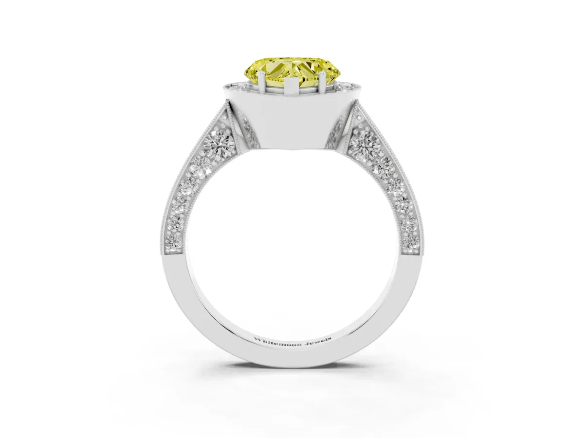 Fancy Yellow Heart Cut Halo Diamond Engagement Ring with Split Shank Band and Four-Prong Setting Silver