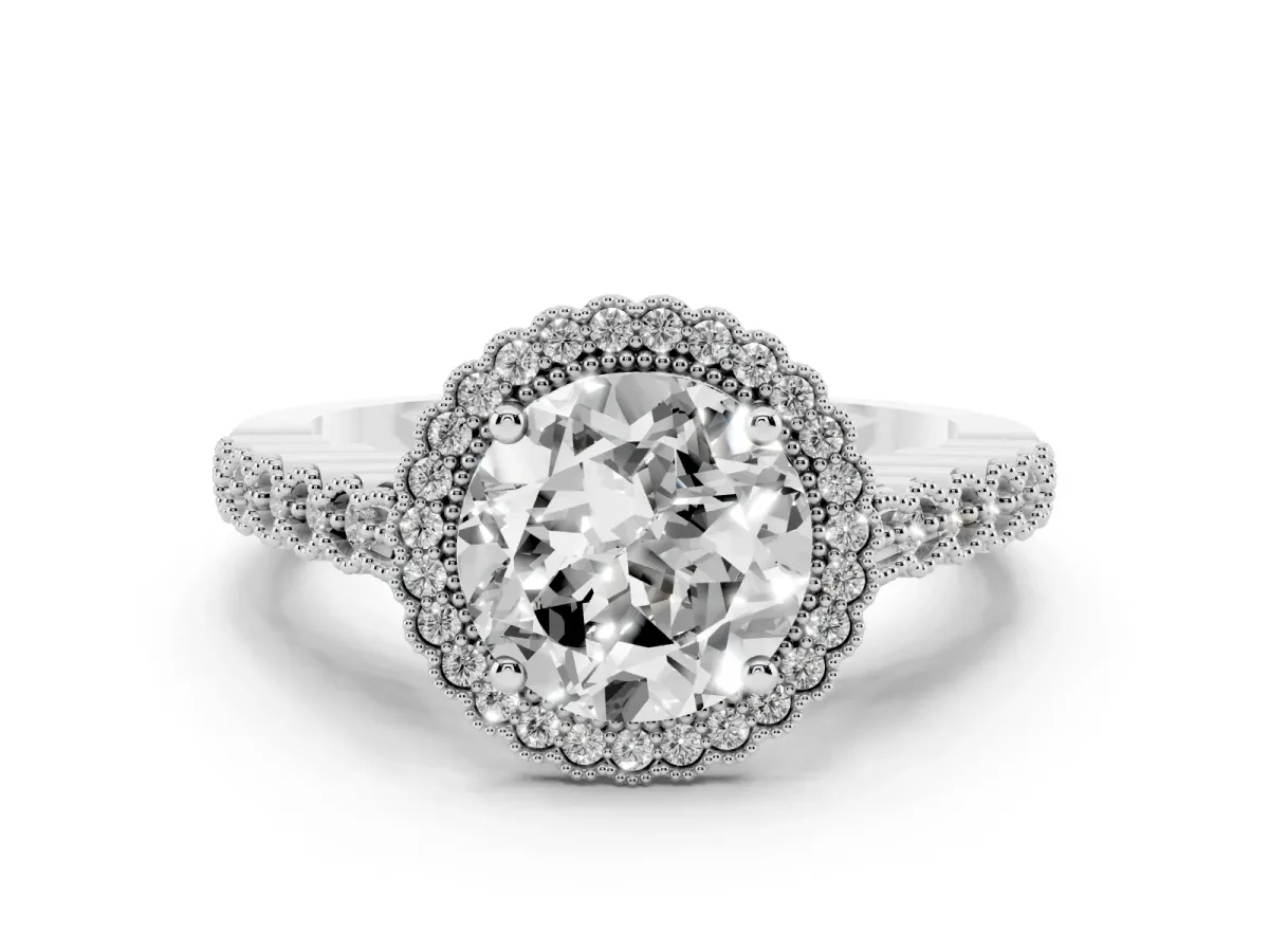 Round Cut Cut Halo Pavé Solitaire Ring with Milgrain Band Silver