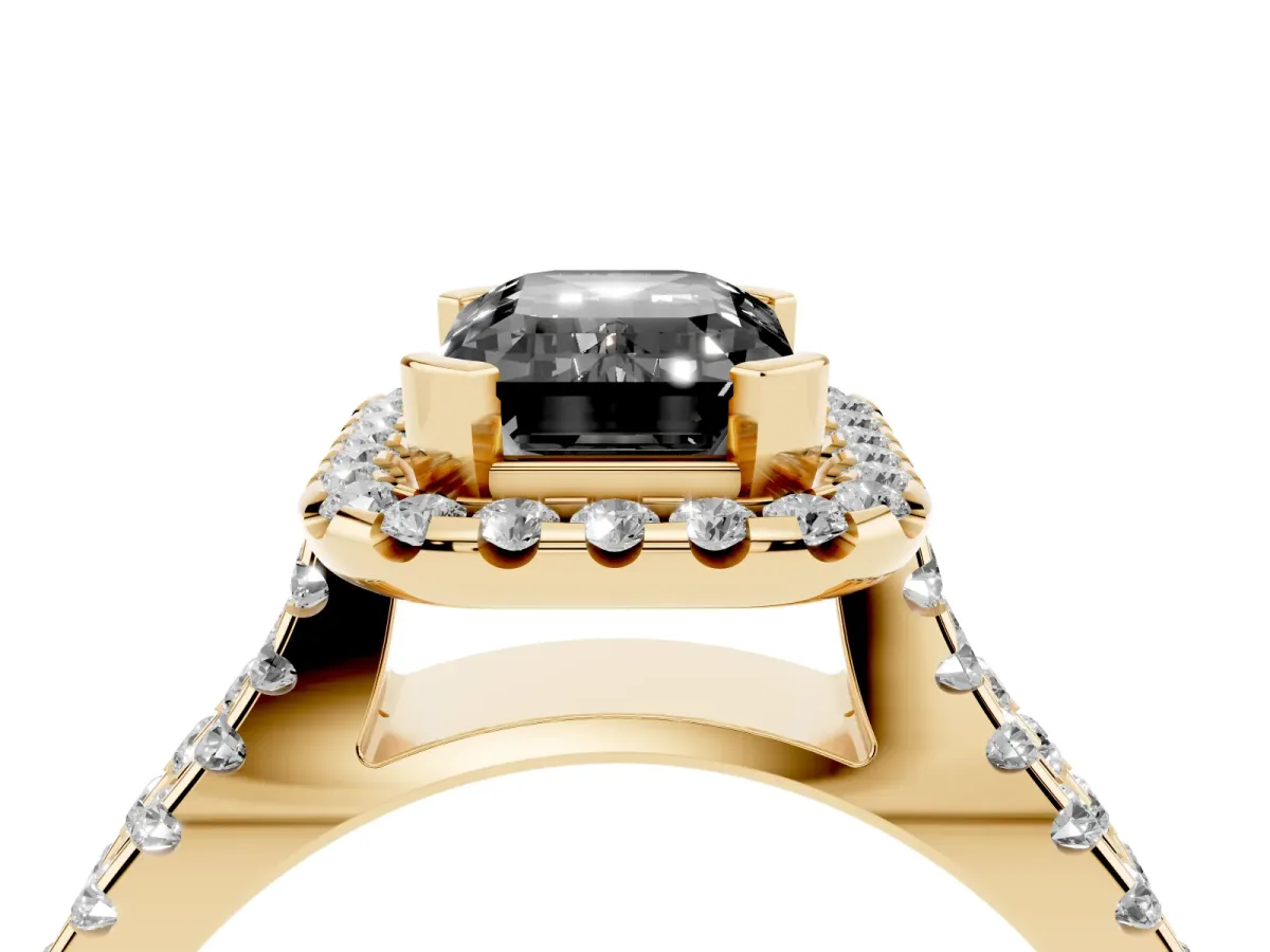 Fancy Black Emerald Cut Diamond Halo Ring with Split Shank Pavé Band and Prong Setting Yellow gold