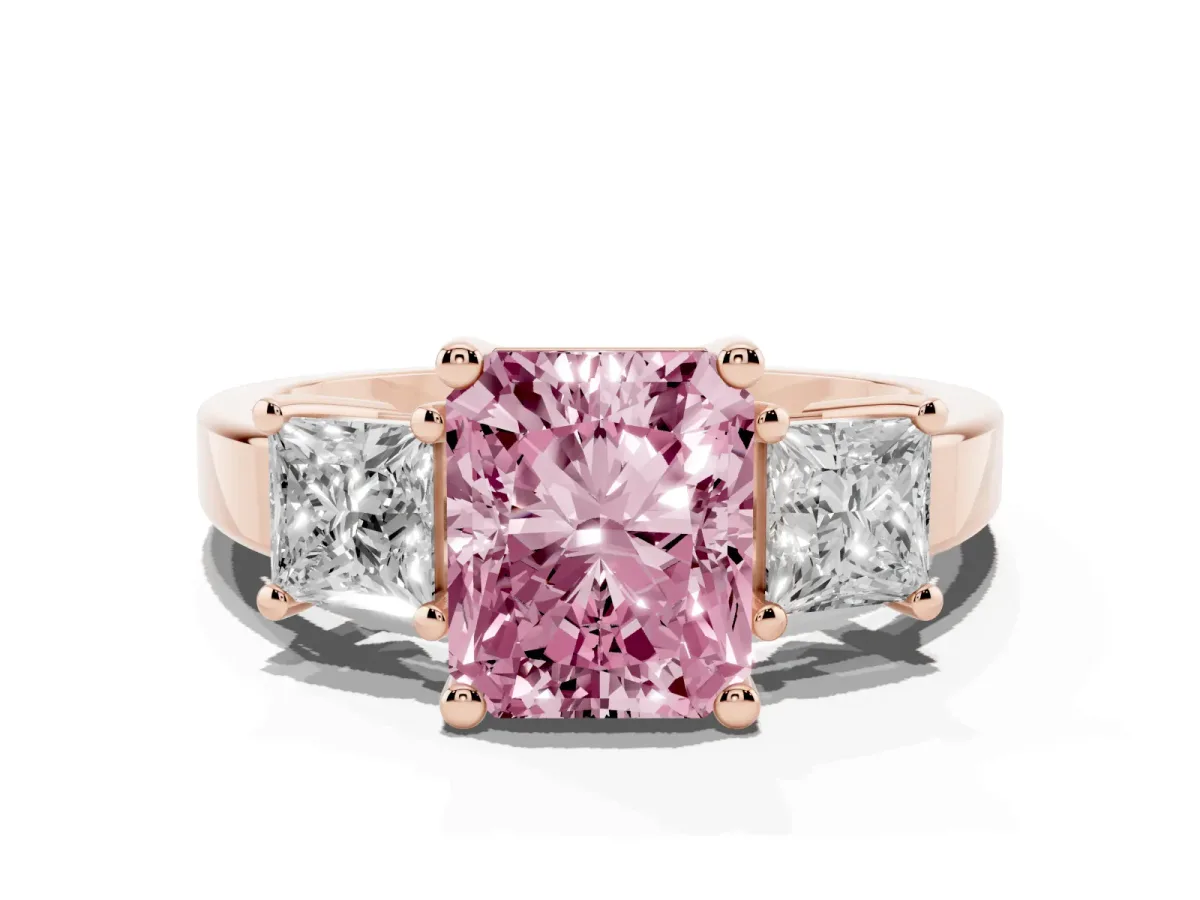 Fancy Pink Three-Stone Radiant Cut Cut Solitaire Ring with Prong Setting Rose gold
