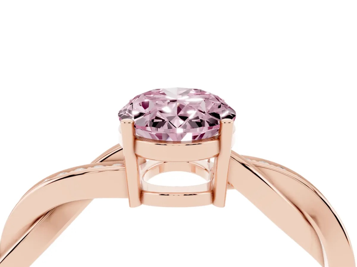 Fancy Pink Oval Cut Solitaire Twisted Pave Diamond Ring with Four-Prong Setting Rose gold