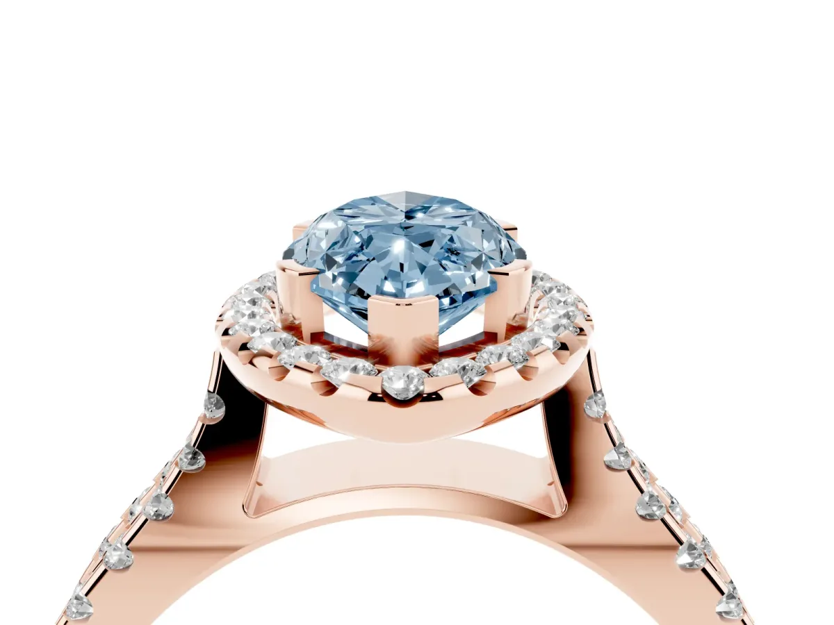 Fancy Blue Marquise Cut Diamond Halo Ring with Split Shank Pavé Band and Prong Setting Rose gold