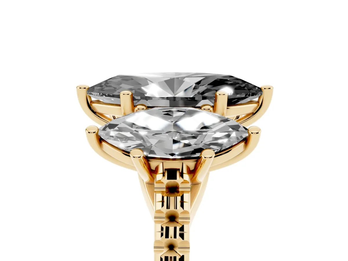 Fancy Black Three-Stone Marquise Cut Diamond Ring with Round Pavé Band and Prong Setting Yellow gold