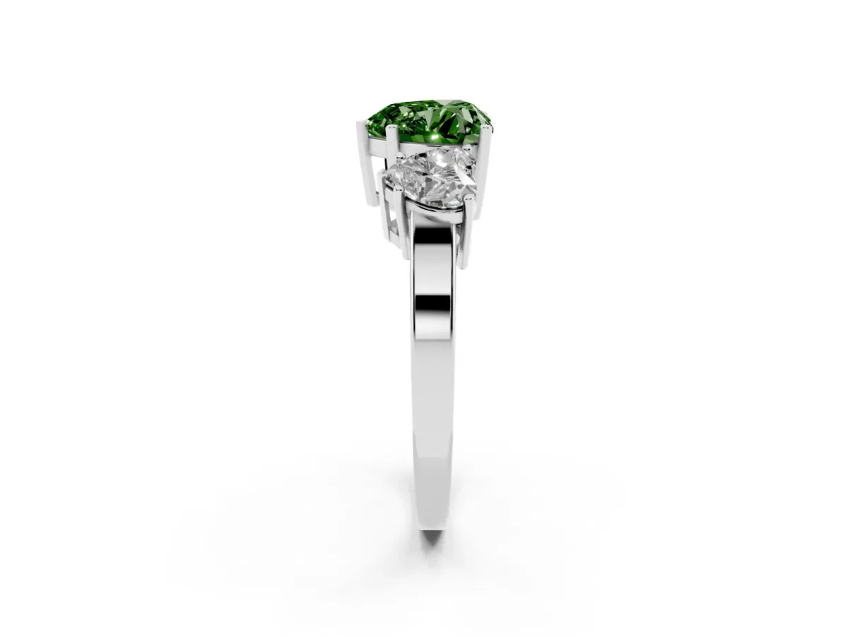 Fancy Green Three-Stone Heart Cut Cut Diamond Engagement Ring with Flat Band and Four-Prong Setting Silver