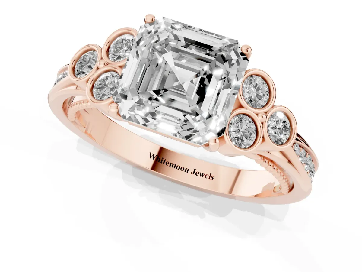 Asscher Cut Cut Diamond Engagement Ring with Bezel Set Round Side Stones and Prong Setting Rose gold