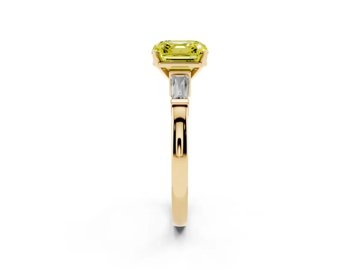 Fancy Yellow Asscher Cut Cut Diamond Solitaire Ring with Tapered Baguette Accents and Four-Prong Setting Yellow gold