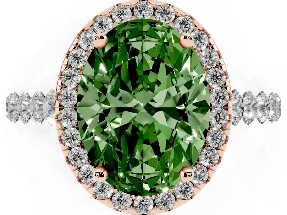 Fancy Green Oval Cut Halo Pavé Diamond Engagement Ring with Four-Prong Setting Rose gold