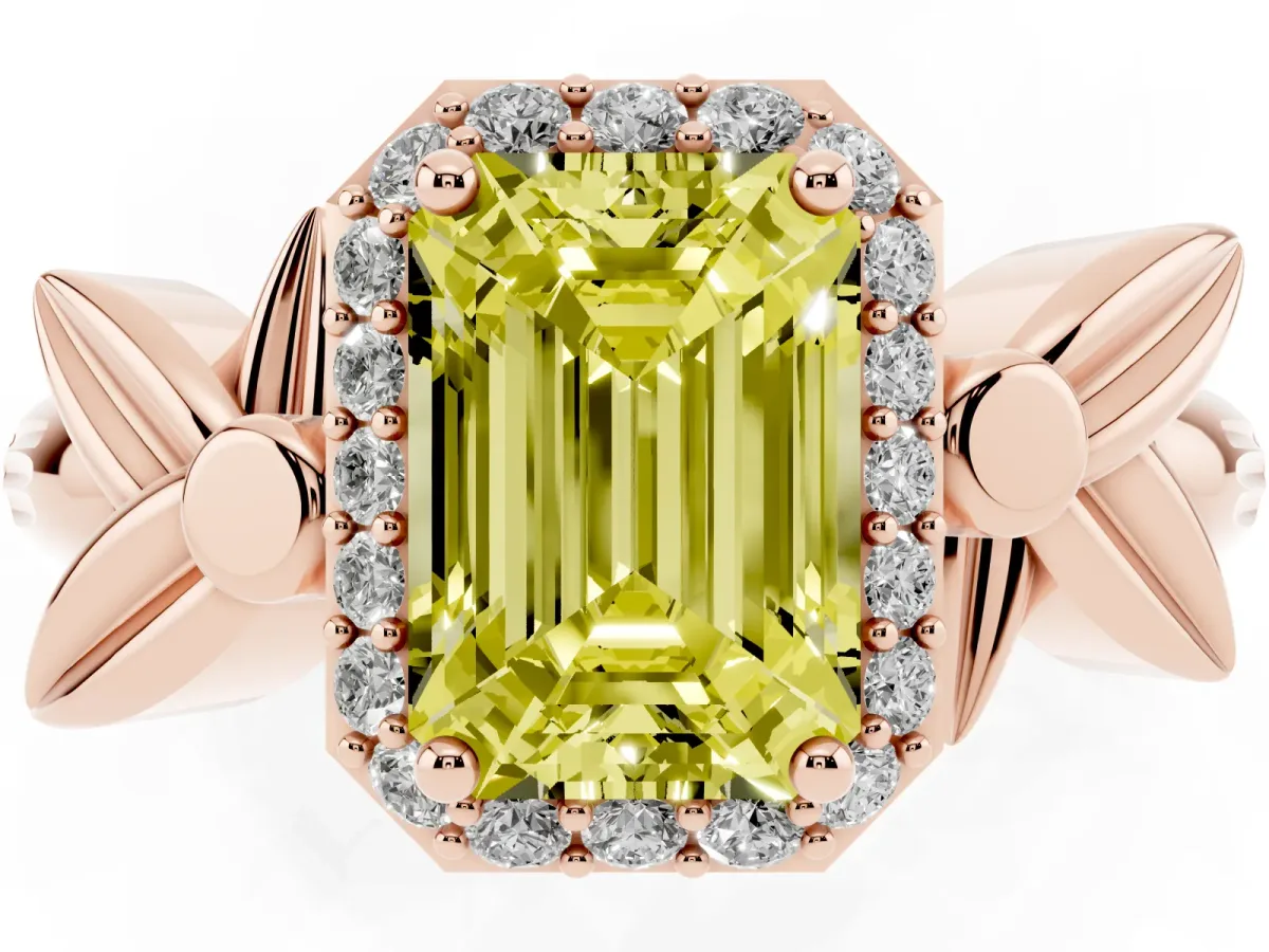 Fancy Yellow Emerald Cut Halo Diamond Floral Band with Four-Prong Setting Rose gold