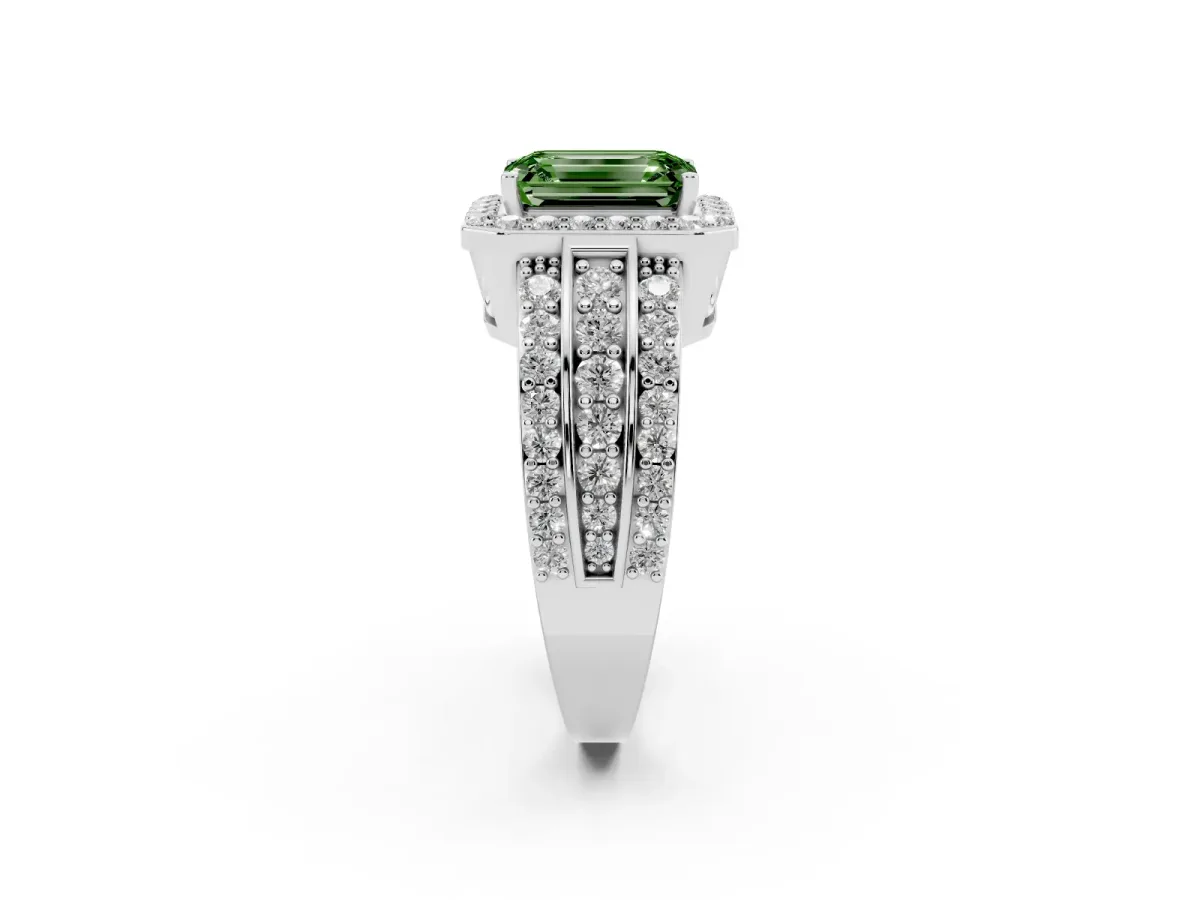 Fancy Green Emerald Cut Halo Diamond Ring with Round Split Shank and Prong Setting Silver