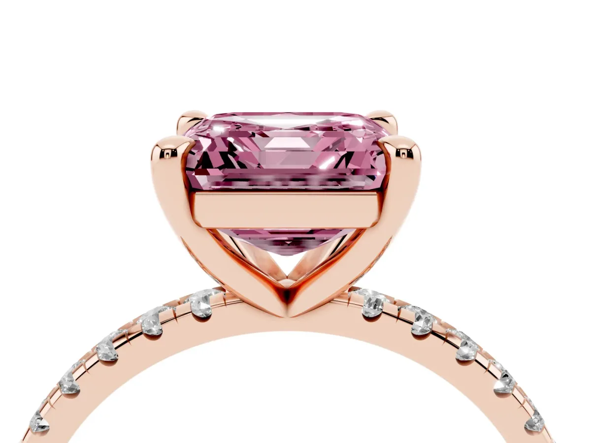 Fancy Pink Asscher Cut Diamond Brilliant Solitaire Ring with Pavé Band and Four-Prong Setting Rose gold
