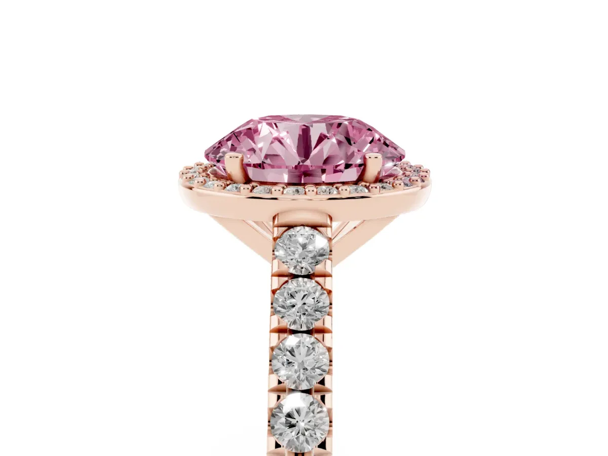 Fancy Pink Round Cut Cut Halo Diamond Engagement Ring with Pave Band and Four-Prong Setting Rose gold
