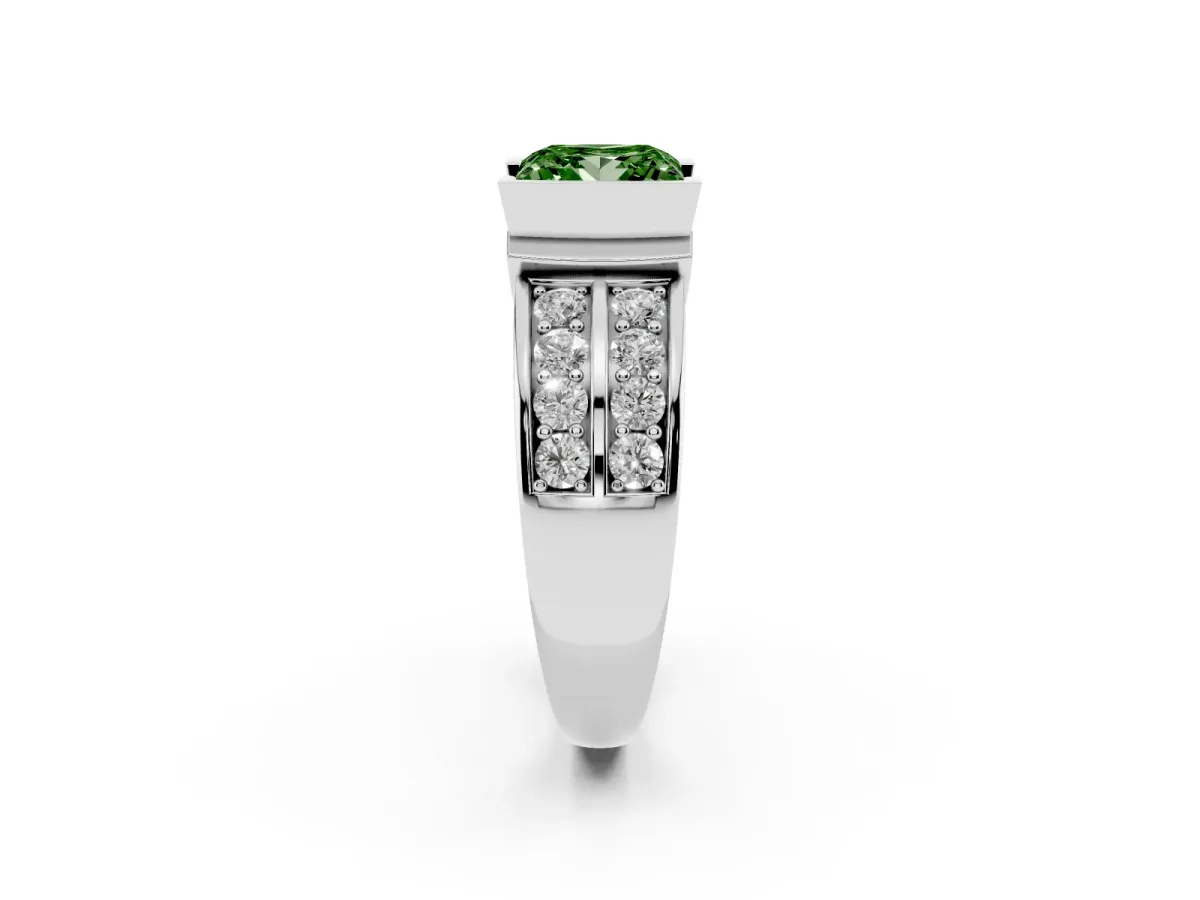 Fancy Green Princess Cut Brilliant Diamond Channel Set Wide Band Ring with Bezel Setting Silver