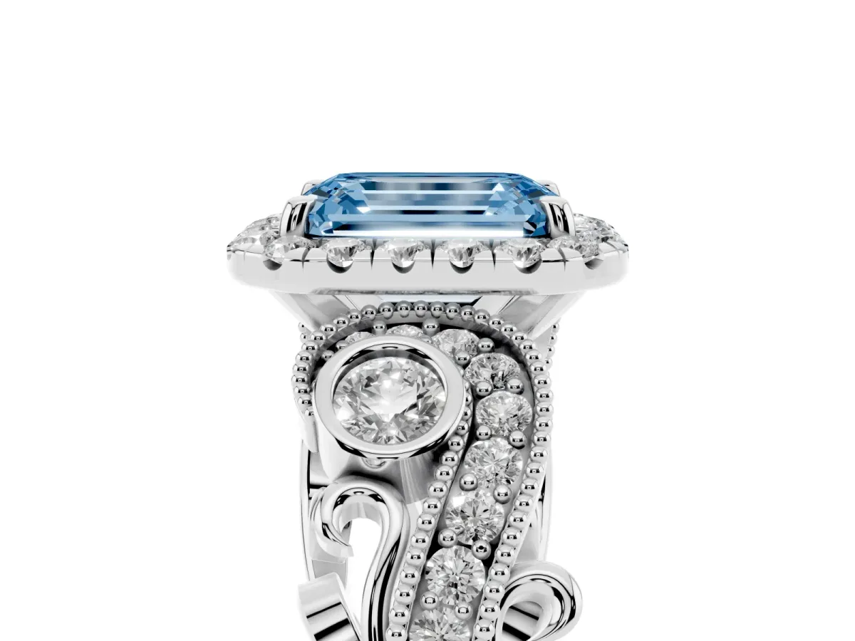 Fancy Blue Emerald Cut Halo Diamond Ring with Milgrain and Bezel Accents on a Split Shank Band White gold