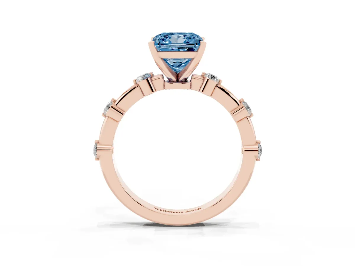 Fancy Blue Princess Cut Solitaire Diamond Ring with Bezel Set Side Stones and Prong Setting Rose gold