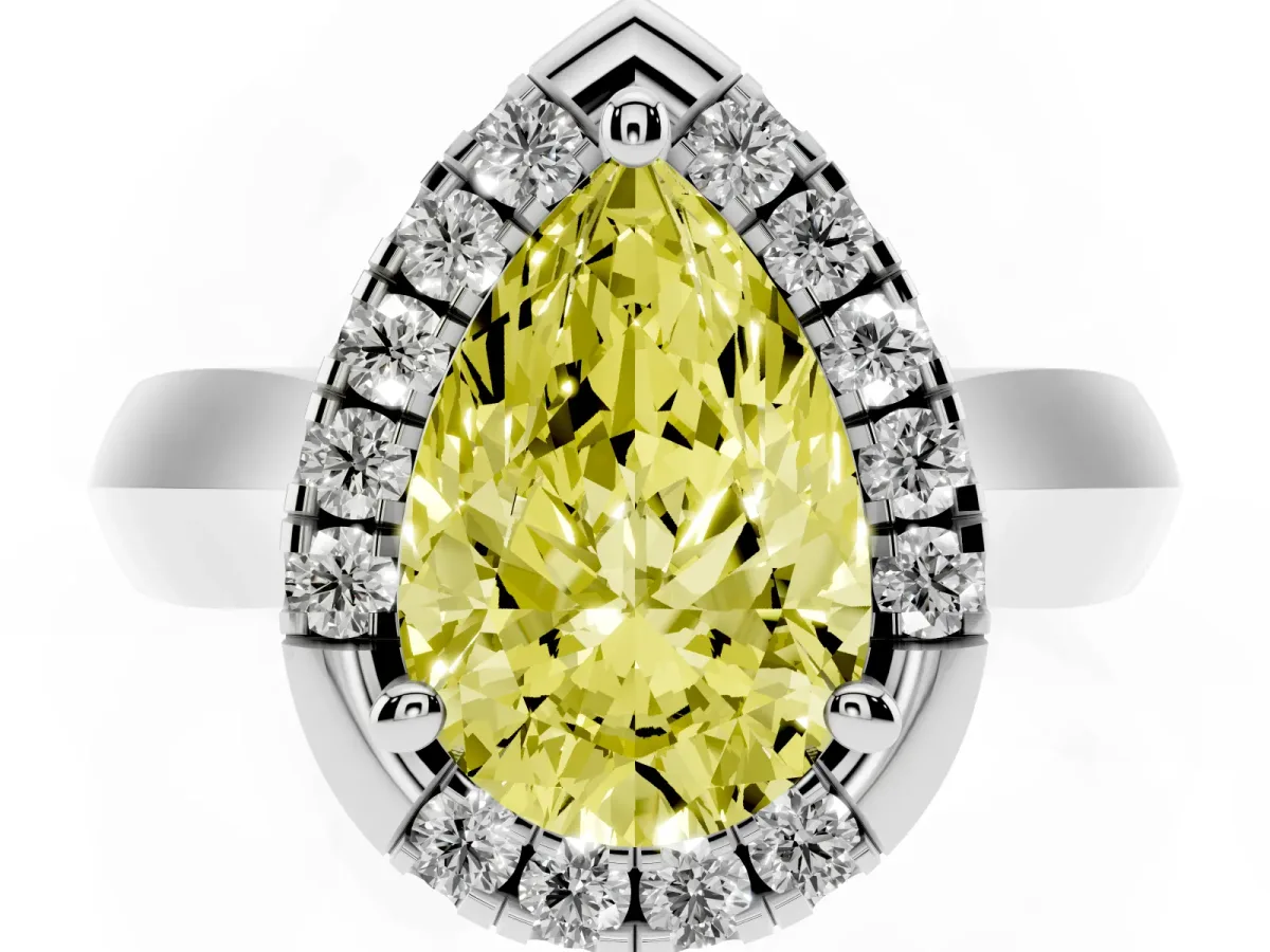 Fancy Yellow Pear Cut Cut Halo Solitaire Engagement Ring with Square Band and Four-Prong Setting White gold