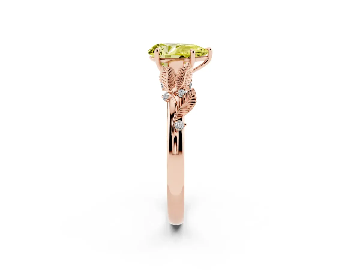 Fancy Yellow Pear Cut Diamond Solitaire Ring with Leaf Motif Band and Four-Prong Setting Rose gold