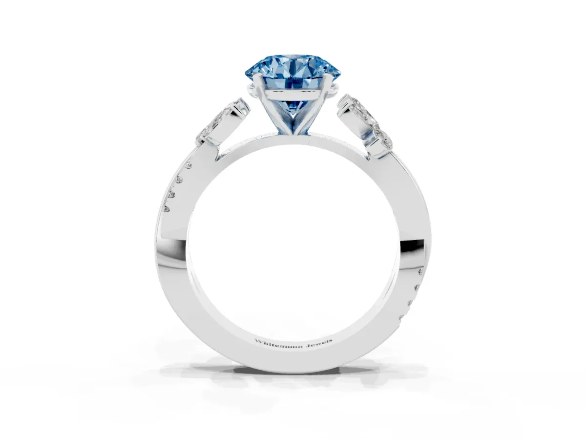 Fancy Blue Round Cut Diamond Floral Vine Solitaire Engagement Ring Platinum