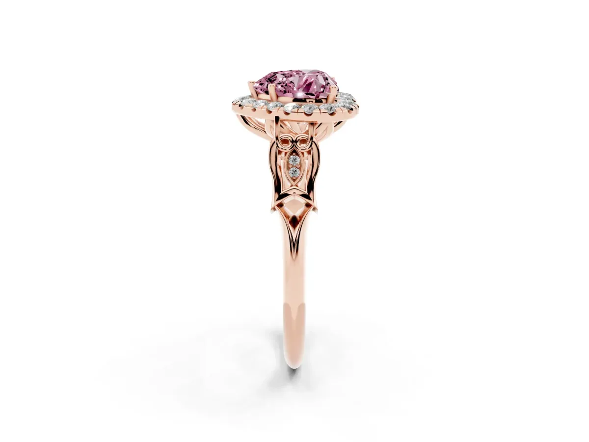 Fancy Pink Heart Cut Halo Diamond Engagement Ring with Filigree Band and Four-Prong Setting Rose gold