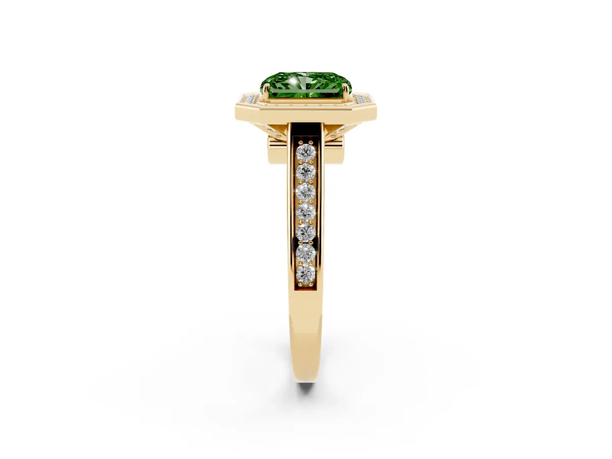 Fancy Green Radiant Cut Halo Solitaire Diamond Ring with Pave Band and Bezel Setting Yellow gold