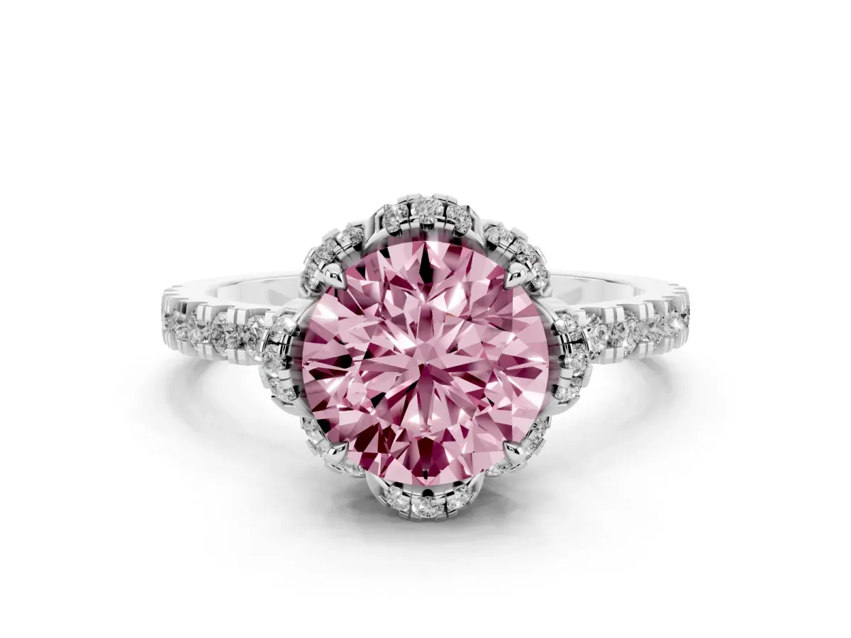 Fancy Pink Round Cut Halo Diamond Pave Band Ring with Four-Prong Setting Silver