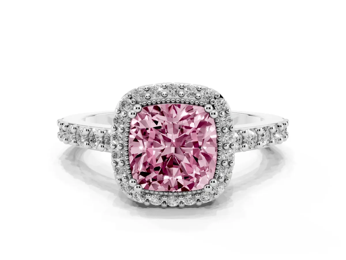 Fancy Pink Cushion Cut Cut Diamond Halo Engagement Ring with Milgrain Detail and Pavé Band Platinum