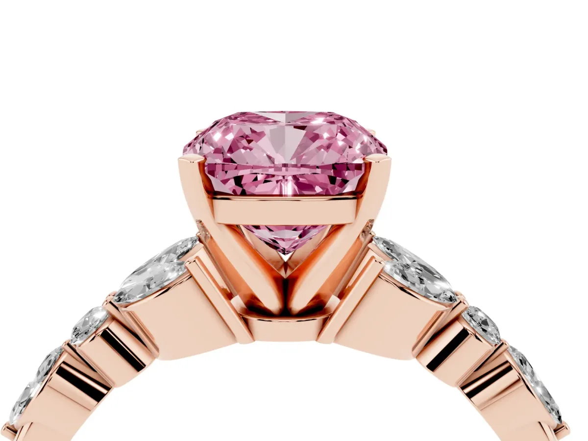 Fancy Pink Cushion Cut Diamond Solitaire Ring with Side Stones and Four-Prong Setting Rose gold