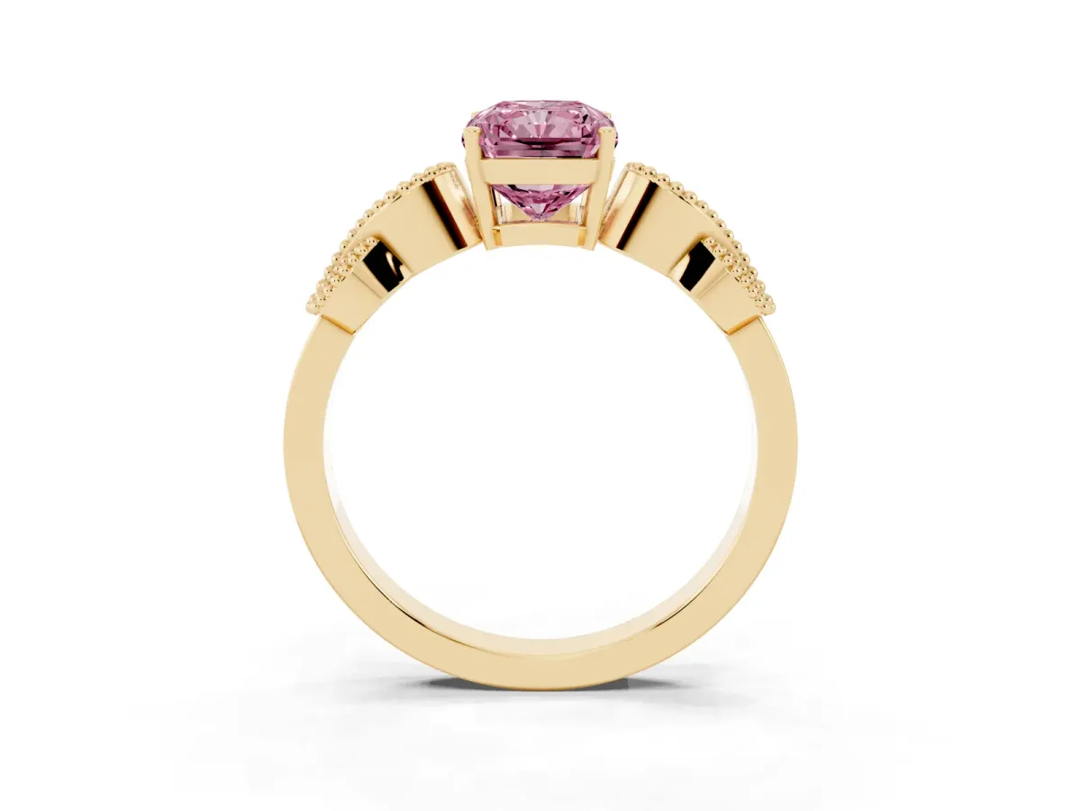 Fancy Pink Princess Cut Solitaire Milgrain Leaf Band with Prong Setting Yellow gold