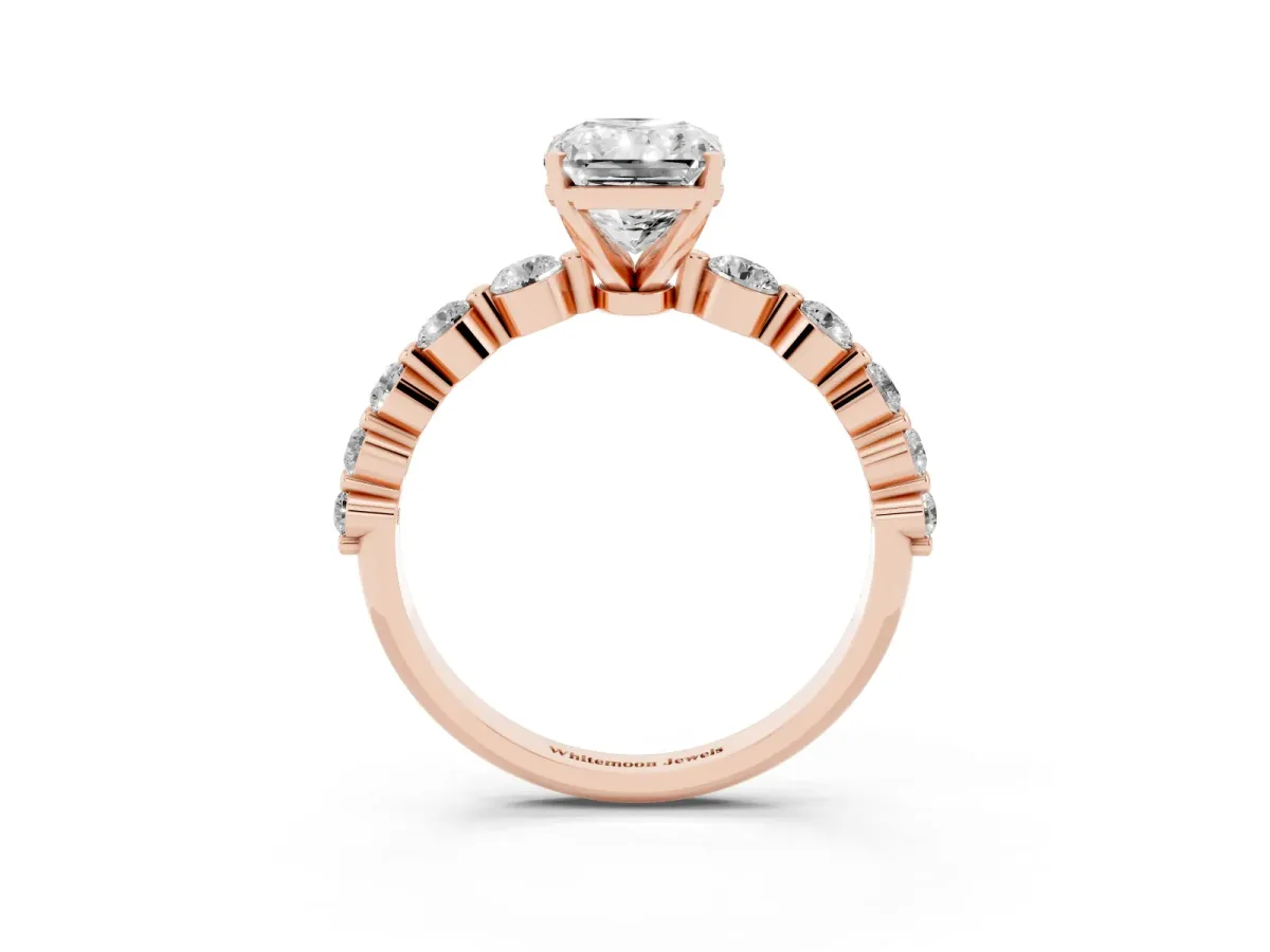 Radiant Cut Solitaire Diamond Ring with Pave Band and Four-Prong Setting Rose gold
