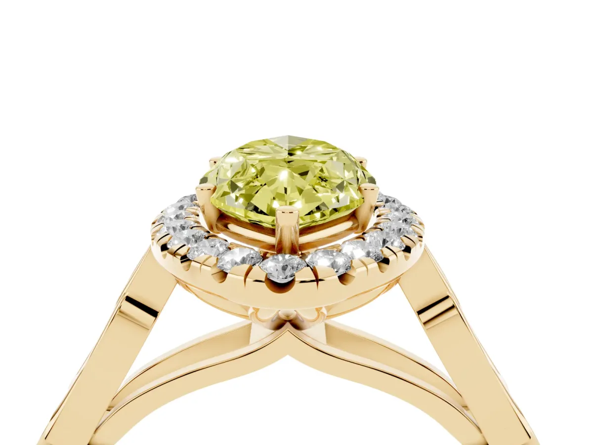 Fancy Yellow Marquise Cut Halo Diamond Engagement Ring with Filigree Band and Four-Prong Setting Yellow gold