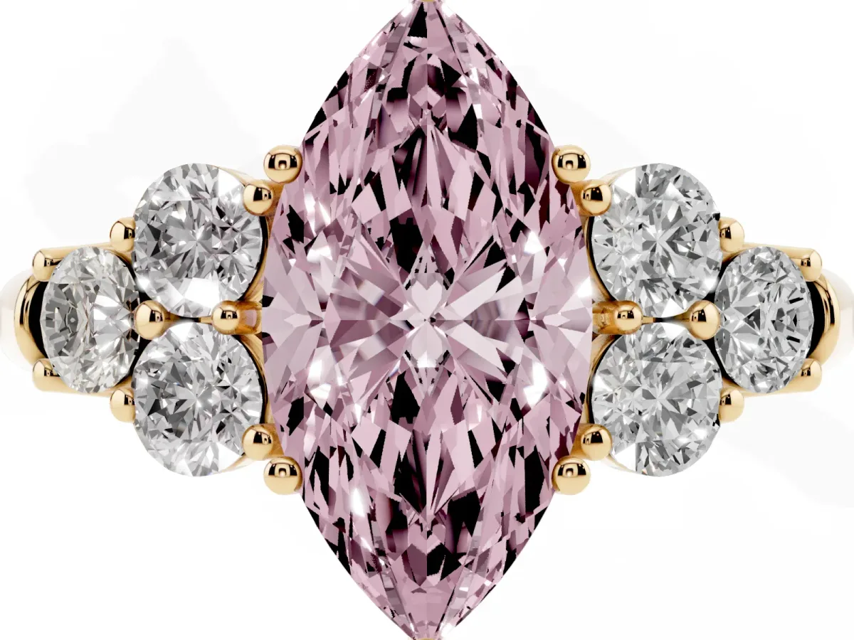 Fancy Pink Marquise Cut Cut Diamond Cluster Ring with Round Accent Stones and Prong Setting on a Classic Band Yellow gold