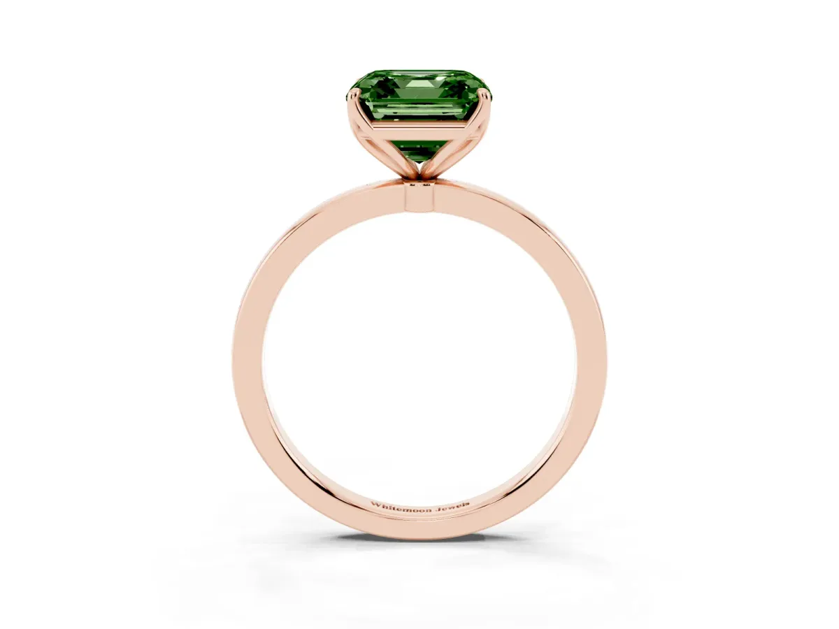 Fancy Green Asscher Cut Diamond Solitaire Ring with Thin Band and Prong Setting Rose gold