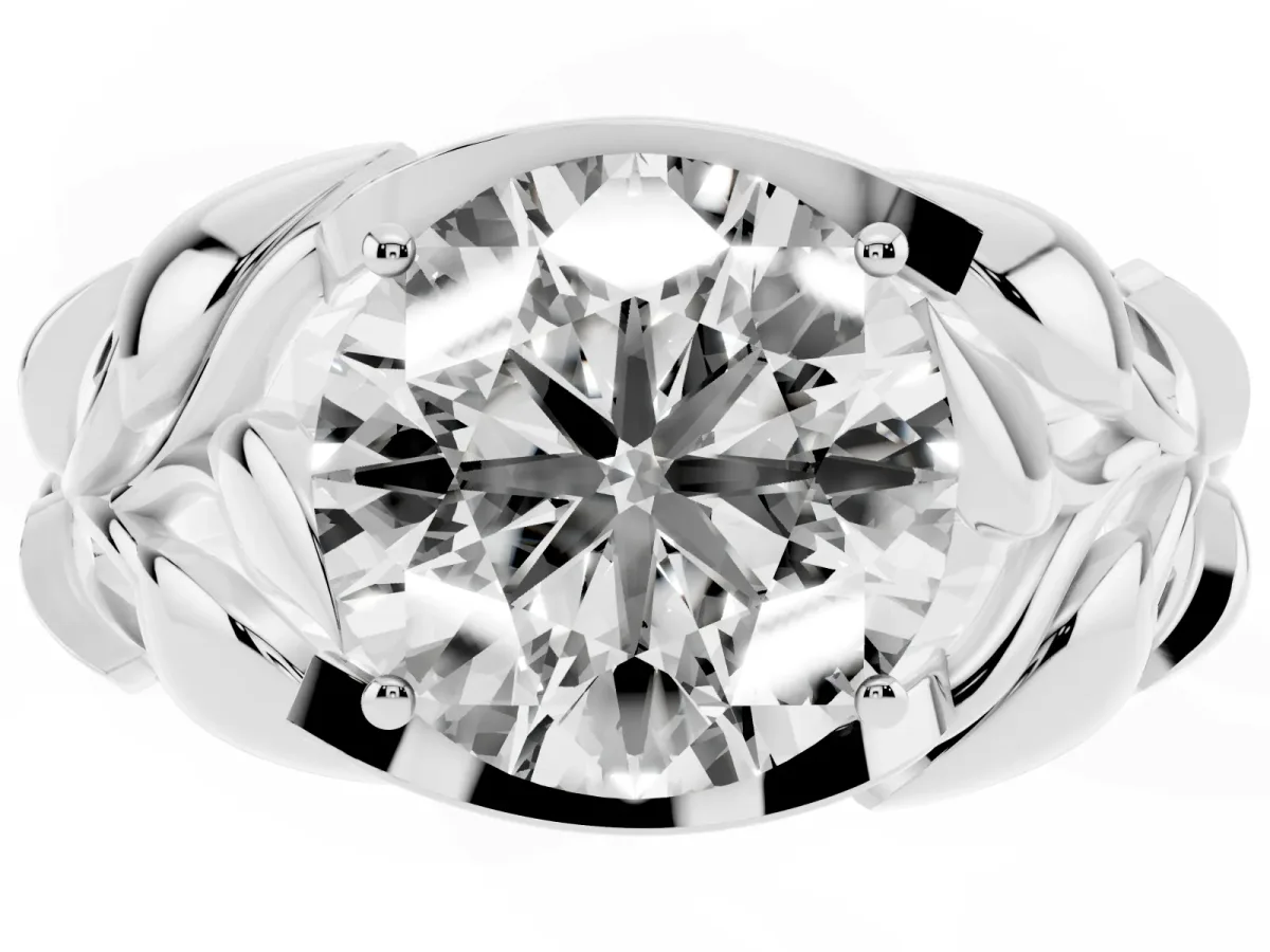 Round Cut Diamond Leaf-Inspired Engagement Ring with Round Accents and Prong Setting Silver