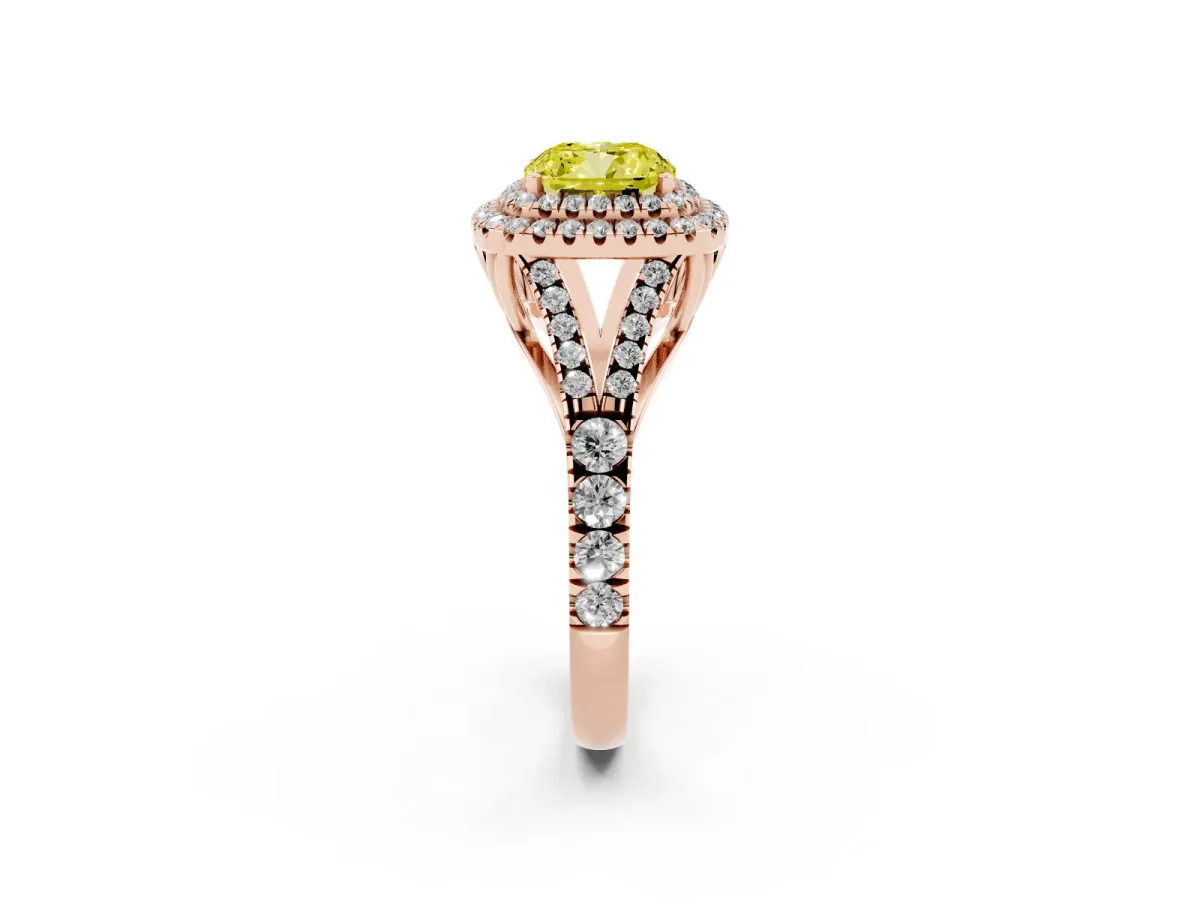 Fancy Yellow Cushion Cut Diamond Pavé Split Shank Double Halo Engagement Ring Rose gold