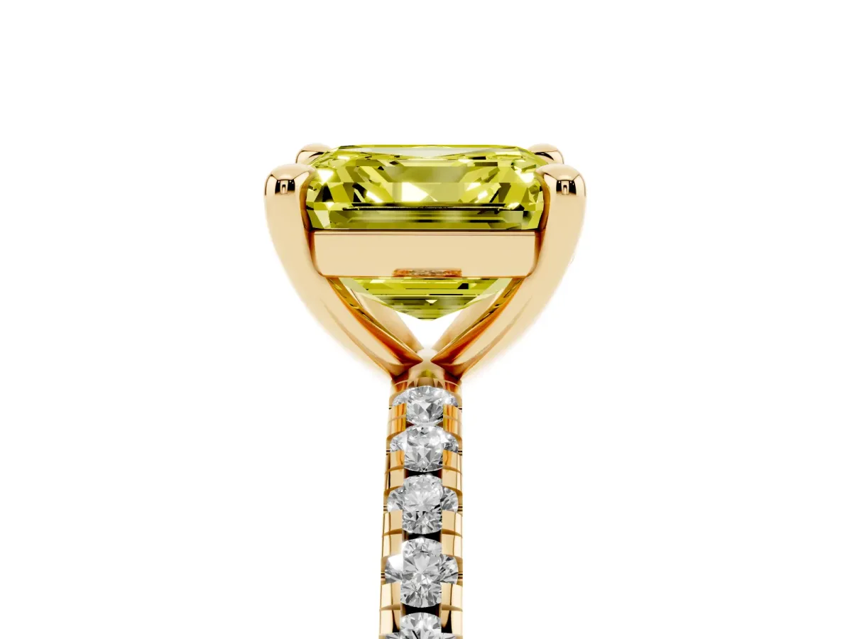 Fancy Yellow Asscher Cut Diamond Brilliant Solitaire Ring with Pavé Band and Four-Prong Setting Yellow gold