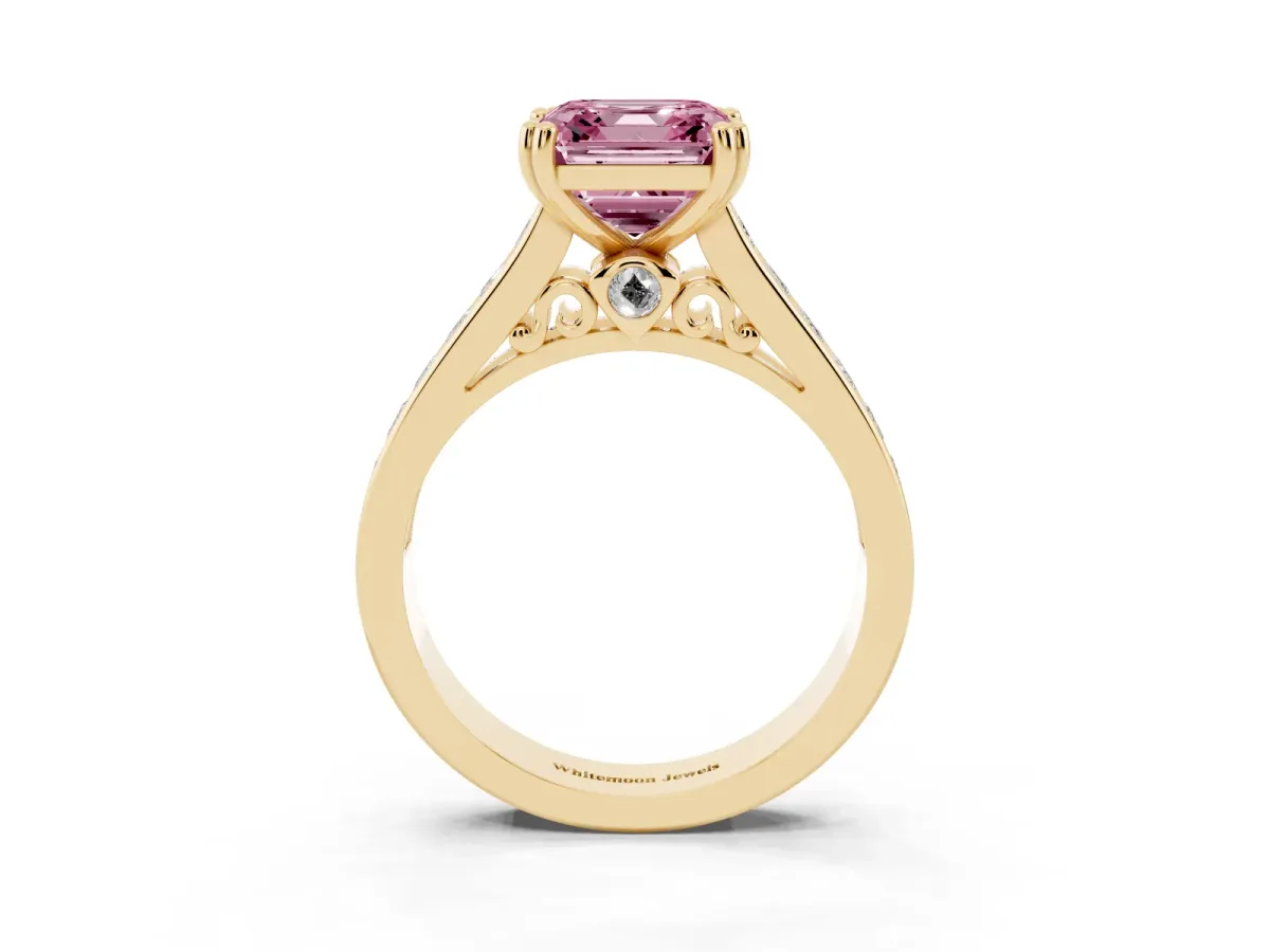 Fancy Pink Asscher Cut Cut Channel Set Solitaire Engagement Ring with Prong Setting Yellow gold