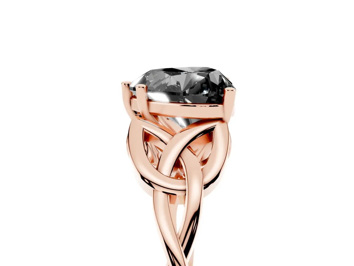 Fancy Black Heart Cut Diamond Solitaire Engagement Ring with Celtic Knot Band and Four-Prong Setting Rose gold