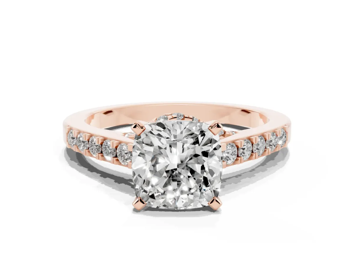 Cushion Cut Diamond Solitaire Ring with Crossover Gallery and Round Pavé Band Rose gold