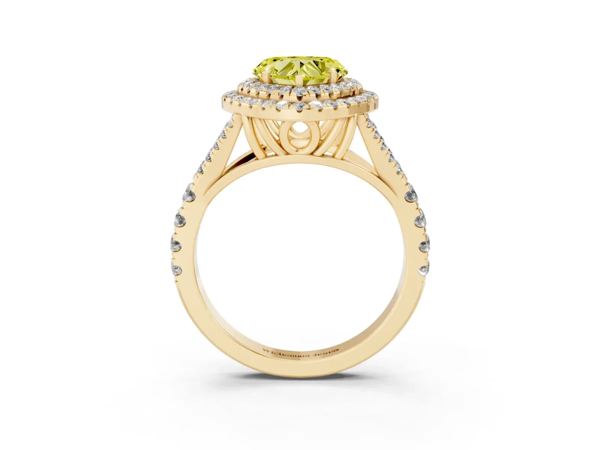 Fancy Yellow Double Halo Heart Cut Diamond Split Shank Engagement Ring with Four-Prong Setting Yellow gold