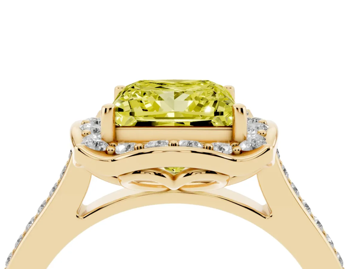 Fancy Yellow Princess Cut Halo Round Diamond Pave Band with Four-Prong Setting Yellow gold