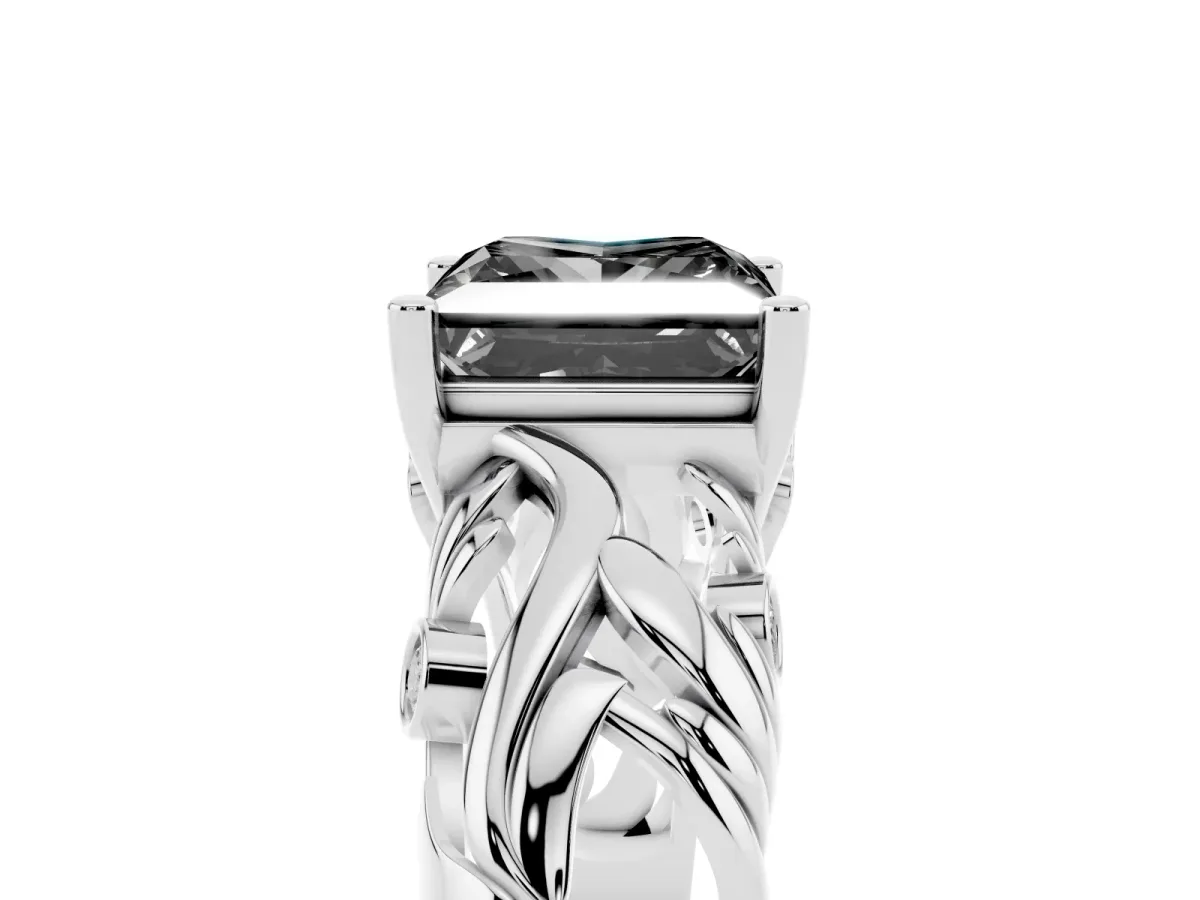 Fancy Black Princess Cut Solitaire Diamond Leaf-Inspired Vine Band Ring with Prong Setting Silver